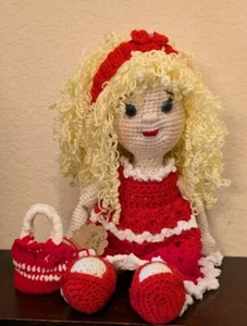 CROCHET Doll Blonde GIRL Purse Red Gift Original AMIGURUMI Soft Stuffed Toy 21"+ - Picture 1 of 14