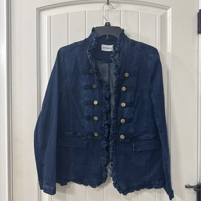 Peck & Peck Ruffled Denim Jacket w/decorative Brass & Braid Size PM Worn Once - Image 1 of 4