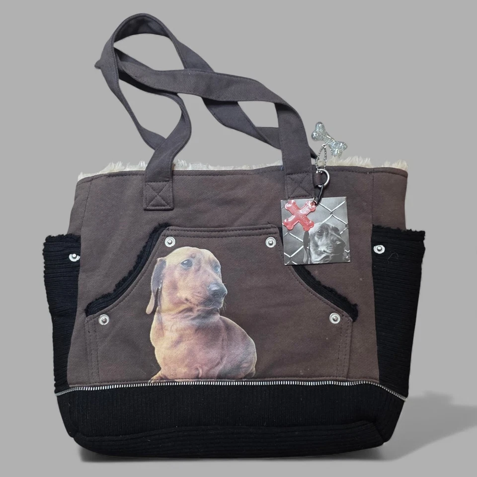 Bolso de Mano Fuzzy Nation Marrón y Negro Dachshund con Forro de Piel Sintética Nuevo con Etiquetas $54 Foto 1 de 4