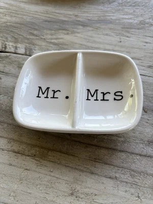 Mr. & Mrs  Ceramic Two Section Ring Dish White Marriage Wedding - Image 1 of 4