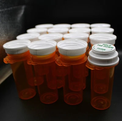 Empty Amber Pill Bottles Medicine Rx 3.25" Lot (16) Reversible Child Safety Caps - Image 1 of 4