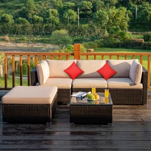 5PCS Rattan Sectional Sofa Set Patio Furniture Set w/ Beige Cushion Pillow - Picture 1 of 10