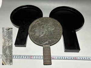 Japanese Hand Kagami Art 503 Antique Meiji Bronze Bamboo Handle Mirror Wood Case - Picture 1 of 17