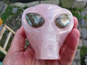 Rose quartz crystal carved Alien Head Natural carving labradorite eyes love - Picture 1 of 24