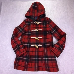 GAP Women’s Small Red/Black Plaid Duffle Coat Wool Blend Wood Toggle Full Zip - Picture 1 of 14