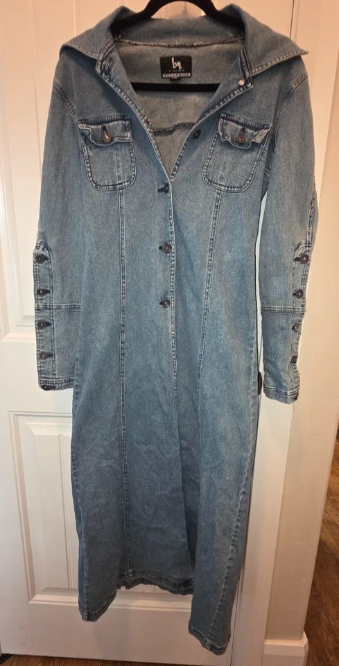 Blanc Noir Mujer Largo Denim Botón Frontal Abrigo Plumero Chaqueta Talla S Azul Foto 1 de 4