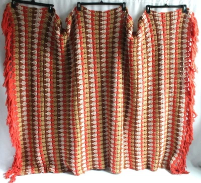 Manta de ganchillo tejida retro vintage naranja/marrón flecos de abuela ~72"x54" hecha a mano Foto 1 de 4