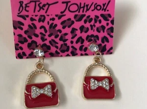 Neu mit Etikett Betsey Johnson Ohrhänger rot Handtasche Handtasche glitzernde Schleife - Bild 1 von 5