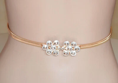 Cintura donna oro dorato stringivita fiori strass metallo elastica a molla UW19 - Immagine 1 di 3