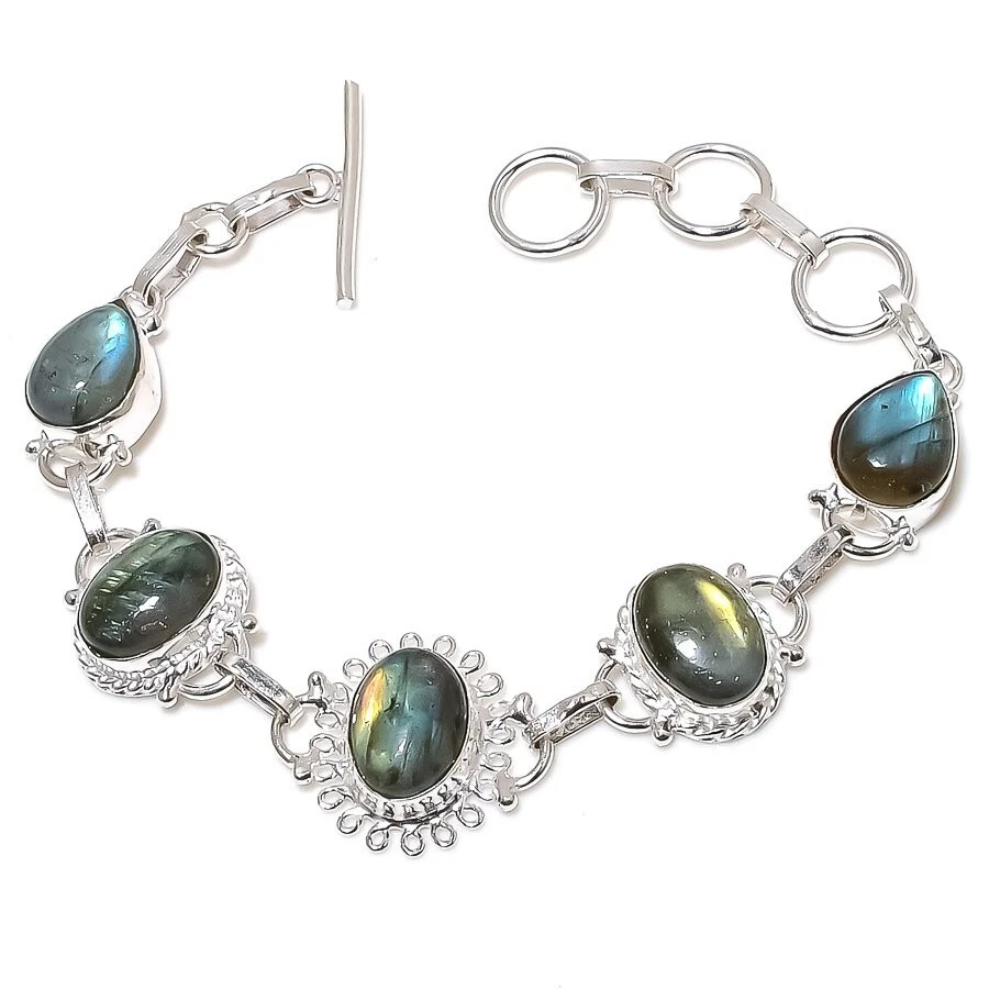 Labradorite Gemstone Handmade 925 Sterling Silver Jewelry Bracelet Sz 7-8" - Image 1 of 1