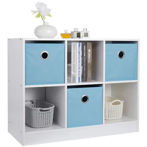 6 Cube Storage Organizer Wooden Bookcase Display Cubby Shelf w/3 Bins White/Blue - Picture 1 of 12