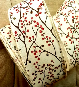 Rote Glitzer Winter Beeren 2,5" mal 2 Yard cremiges Drahtband Weihnachten Winter - Bild 1 von 6