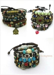 3PCS Set Handmade Color Hemp Beads Buddha Head Evil Eye Heart Charms Bracelets - Picture 1 of 9