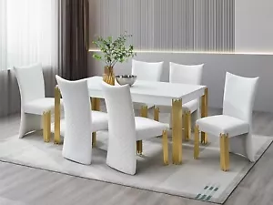 Sale 7-Piece White Velvet & Gold Dining Set with Modern Elegance - Picture 1 of 3