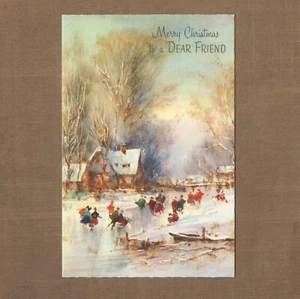 Sincere Vintage CHRISTMAS Card FOR FRIEND, Ice Skating Pond Art by Paramount +✉ - Picture 1 of 6