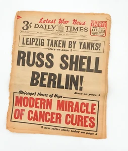 Vintage Newspaper - April 19, 1945 - WWII WW2 Russia Berlin Cancer Cures - Picture 1 of 11