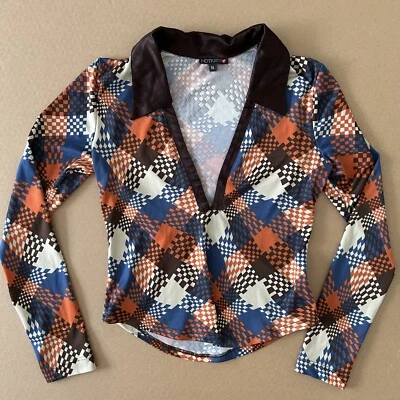 Camisa a Cuadros Retro Y2K Hot Kiss Talla Mediana Estilo Años 70 Colorway Manga Larga Elástica Foto 1 de 4