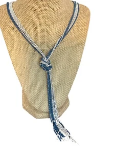 Blue Silver Beaded Knot Necklace Tassel Multi Strand Flapper Adj 27" - Picture 1 of 7