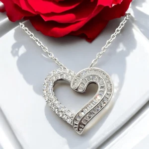 Silver CZ Heart Necklace Channel Set Baguette Open Heart Pendant Sparkly Pave - Picture 1 of 11