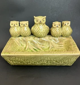 Cute Owl Family Of 5 Perched On Green Ceramics Shallow Bowl Candy Trinket Dish - Picture 1 of 15