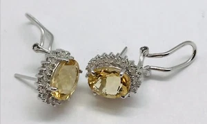 BRAND NEW - 14K Solid White Gold Oval Citrine With Diamond Earring 3.9 Grams - Picture 1 of 6