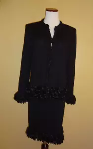 Vintage J.S.S. Schwarze Wollstrickjacke/Blazer & schwarzer Rock mit Fransen Set in Größe L - Bild 1 von 9