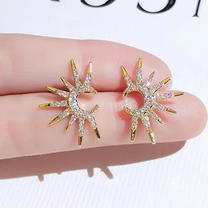 18k yellow gold made with SWAROVSKI crystal stud sparkling moon sun earrings - Picture 1 of 7