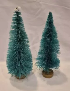 Pair Of Vintage Wire Bottle Brush 6” Trees Flocked Christmas Wood Bases - Picture 1 of 10