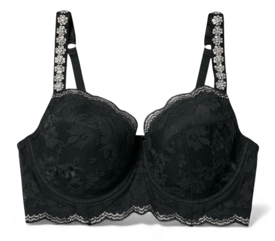 Sujetador de encaje Victoria’s Secret 38DDD Dream Angels correa satinada negra adorno plateado Foto 1 de 4