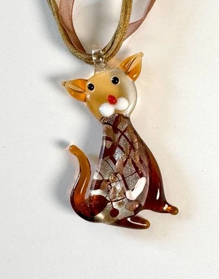 Hand Blown Glass Cat Pendant 3.5"  Necklace Organza Ribbon Cord Amber Color 15" - Image 1 of 4