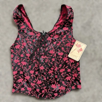 90s Empire Intimates Corset Top XL Red Brocade Black Floral Lace Up Lingerie New - Image 1 of 4