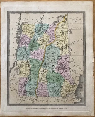 DAVID BURR-Mapa Colorido à Mão-1835-VERMONT & NEW HAMPSHIRE-Illman & Pilbrow-Raro - Imagem 1 de 3