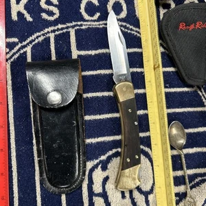 VTG BUCK 110 FOLDING HUNTER LOCKBACK KNIFE WITH BLACK LEATHER CASE SHEATH USA - Picture 1 of 21