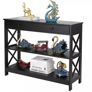 3-Tier Console Table with Drawer Storage Shelf Black Sofa Table Hallway Decor - Picture 1 of 8