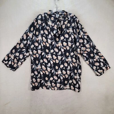 Navy Floral Chiffon P Bow Lightweight Sheer Tunic Top Womens Blouse Plus Size 3X - Image 1 of 4