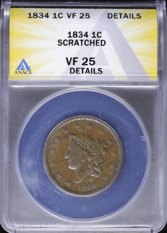 1834 1C Coronet Head Large Cent ANACS VF 25 Details Very Fine Cover
