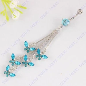 Surgical Steel Crystal Tassel Button Ring Bar Butterfly Navel Rings Girl Jewelry - Picture 1 of 12