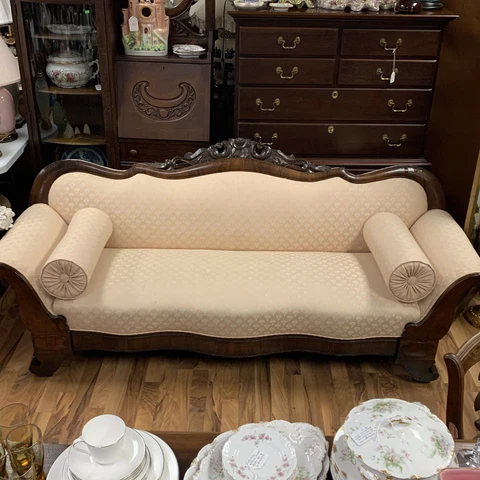 ATQ 1910s Hand Carved Solid Mahogany Wood Pink Chinioti / Empire Sofa Couch 78”L Cover