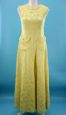 Maxi Vestido De Colección Para Mujer Años 60 Amarillo Brocado con Bolsillos Grandes XS/S 1960s Largo Vestido Foto 1 de 4