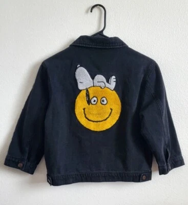 VTG Peanuts Born To Sleep  Black Jens Girls Jacket Happy Face Picture Sz 10/12 - Image 1 of 4