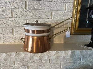 Vintage Copper and Ceramic Double Boiler Kitchen Pot With Brass Handles - Picture 1 of 15