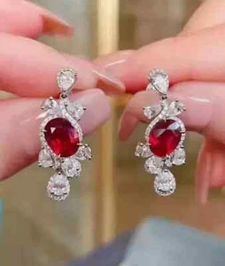 2.5Ct Oval Cut Lab Created Red Ruby Women's Dangle Earring 14K White Gold Plated - Picture 1 of 9