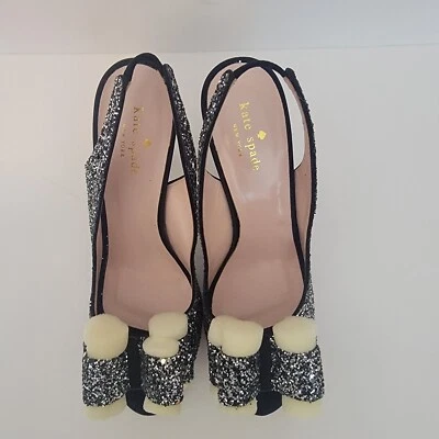 全新无标签 Kate Spade 8.5 黑色亮片蝴蝶结女式高跟鞋  — 第 1/4 张图片