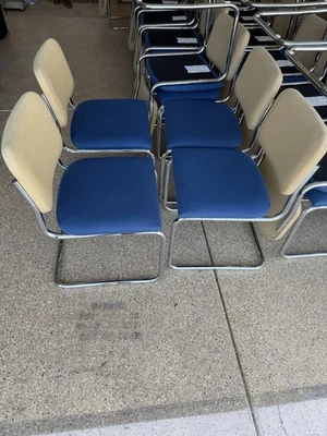 Knoll Marcel Breuer Cesca Chairs - Blue & Tan with Chrome Legs Set Of 4. - Image 1 of 4