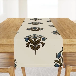 Teardrop Floral Autumnal Floral Blue Flower Block Printed Table Runner - Picture 1 of 5