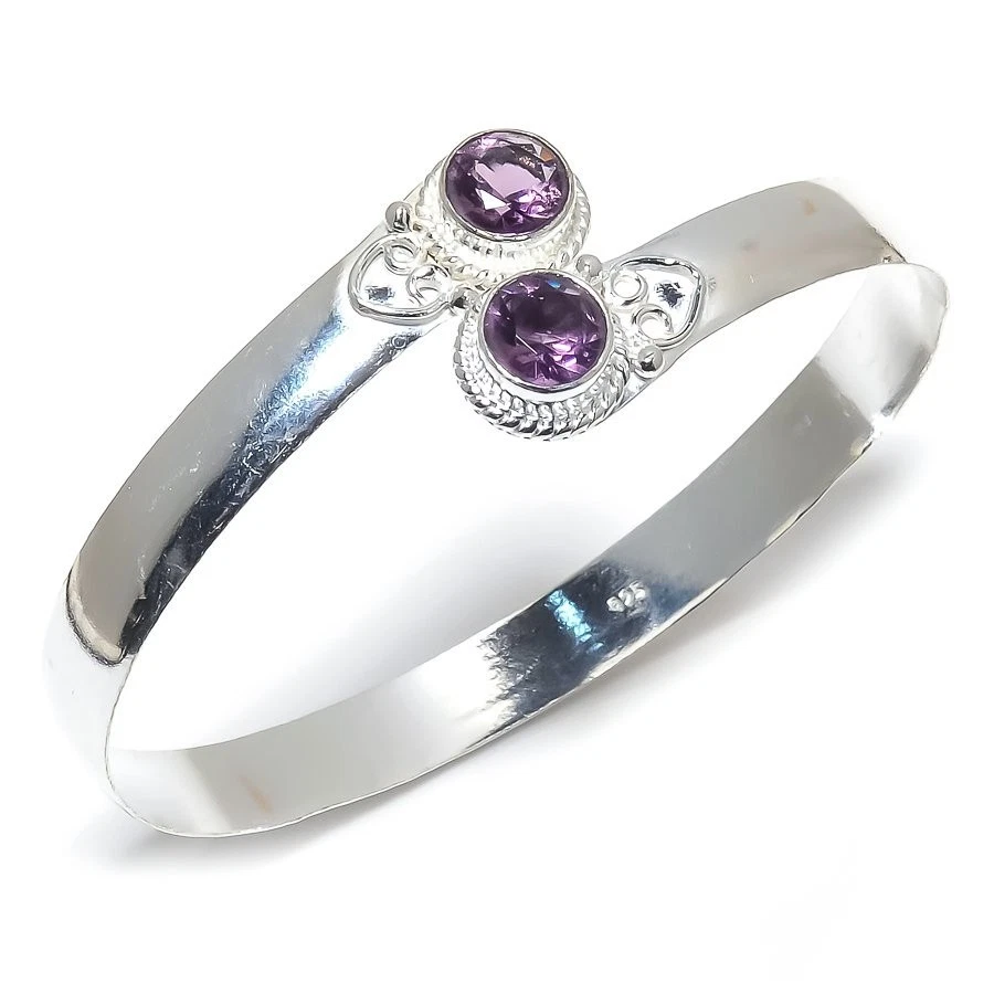 Purple Amethyst Gemstone Handmade 925 Sterling Silver Adjustable Cuff Bracelet - Image 1 of 1