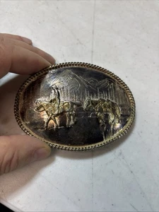 VINTAGE MONTANA SILVERSMITHS Etched Mountains with Pack Horse and Rider Buckle - Picture 1 of 9