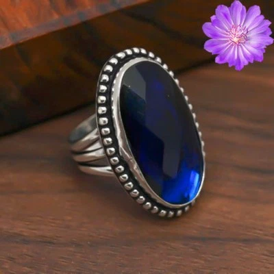 Lab Created Blue sapphire Gemstone 925 Sterling Silver Ring Handmade Jewelry - Image 1 of 3
