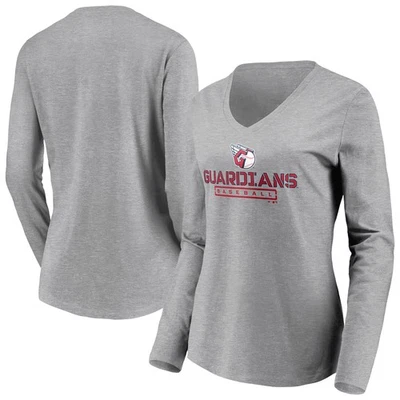 Women's Gray Cleveland Guardians Evanston Stencil Long Sleeve V-Neck T-Shirt - Image 1 of 3