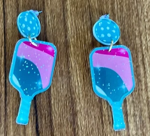 BRAND NEW Pickleball Paddle Dangle Stud Acrylic Earrings -Teal, Pink - Picture 1 of 2